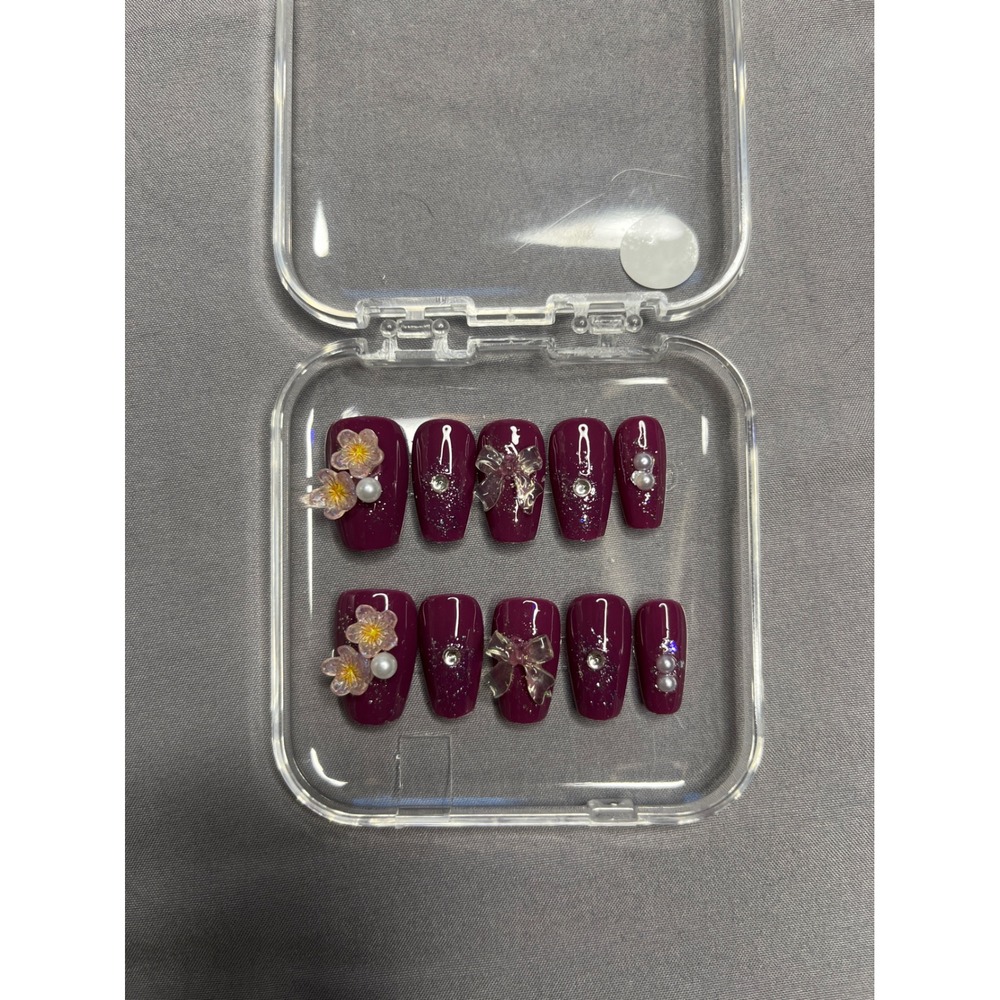 Press On Nails Purple Flower Pearl Sparkle Glue On False Nail Tips